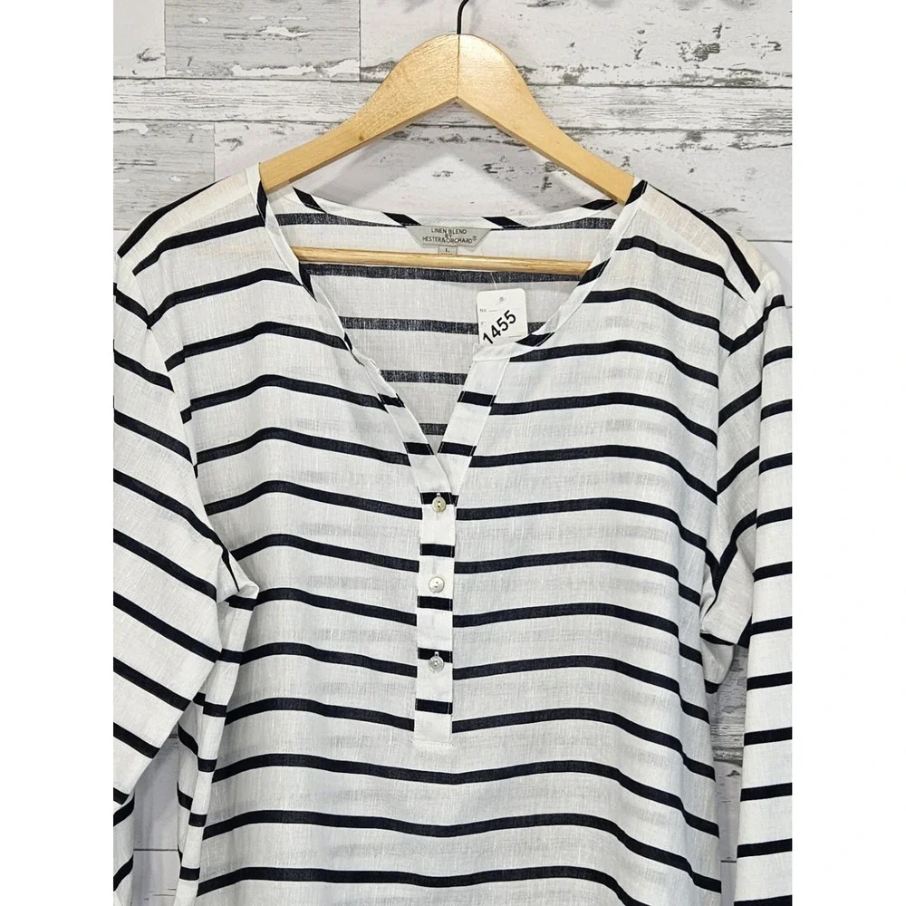 Hester & Orchard Linen Blend Top Striped Blue White Large 3/4 Sleeves - Picture 2 of 9